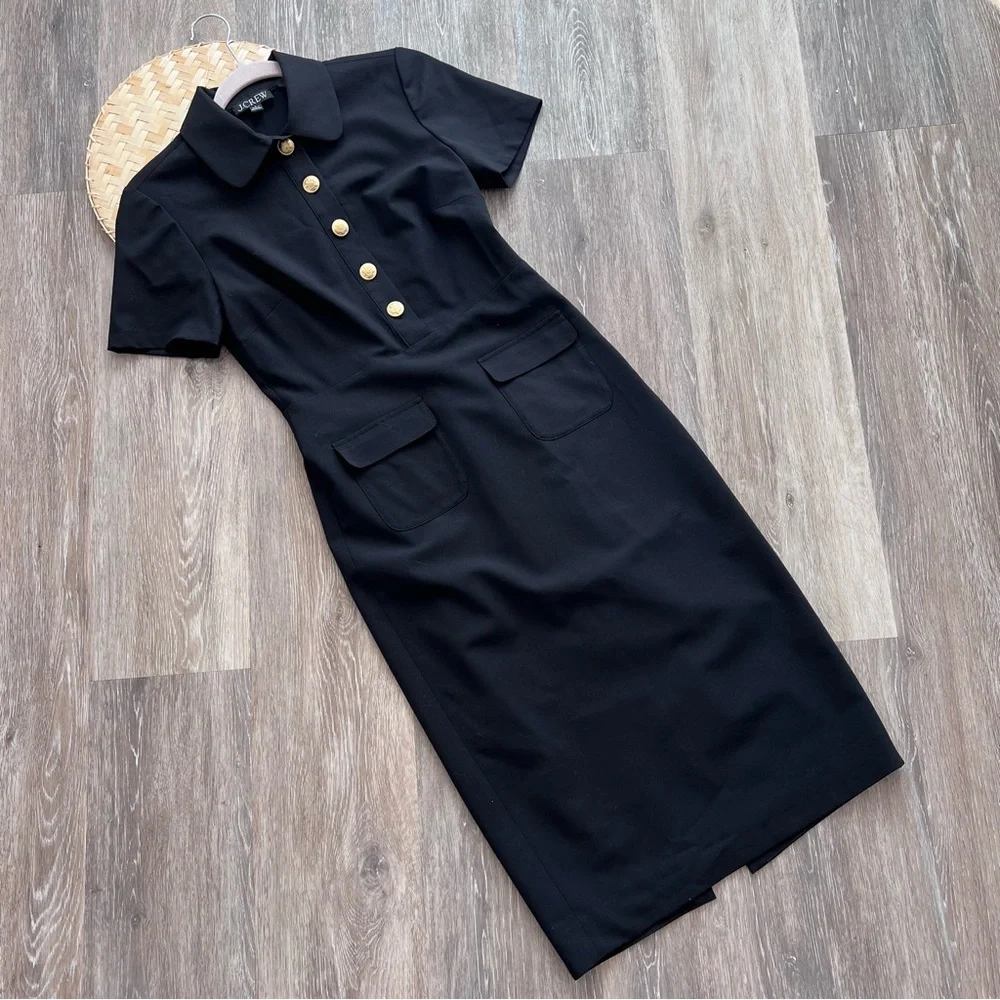 J. Crew Italian wool collared sheath dress bi stretch black‎ gold buttons